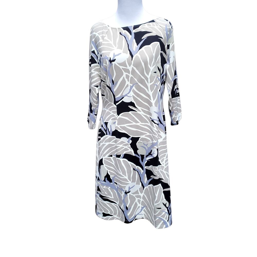 J. McLaughlin Catalina CLoth Long Sleeve Dress Black tan White Scoop Neck Sz M